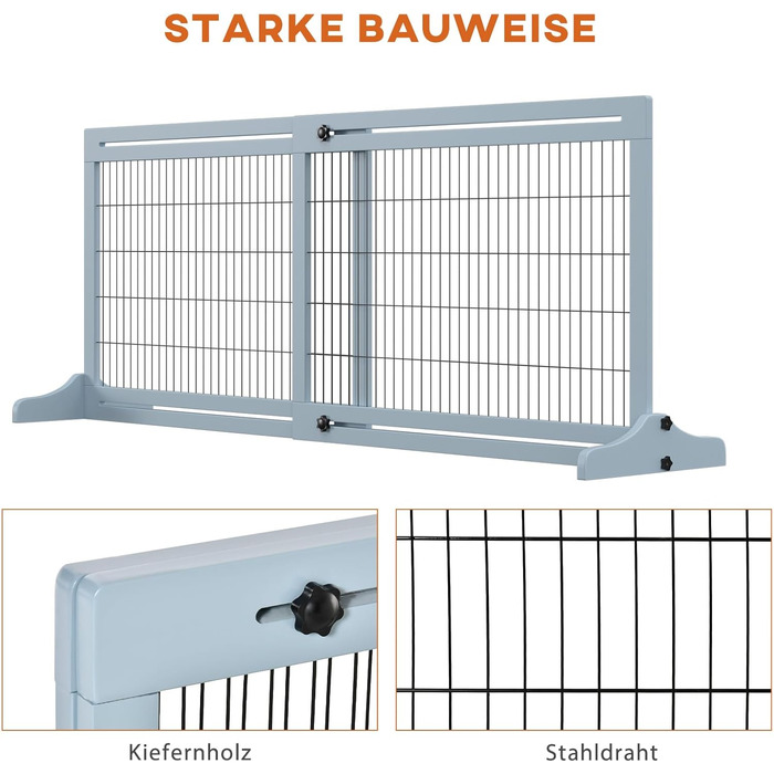PawHut Wooden Pet Gate - Extendable Dog Barrier with Footrest, Freestanding Baby/Pet Gate, Stairway Gate, Fireplace/Oven Gate, Gray Blue, 104-183 x 36 x 69 cm