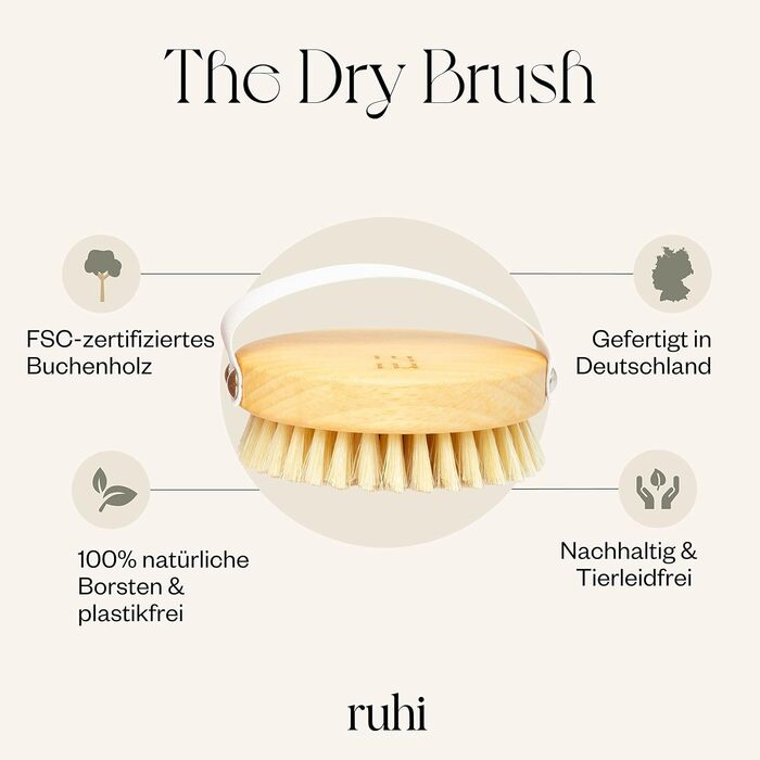 RUHI Body Brush Round - 100% Natural Bristles - Made in Germany / FSC-Certified Beechwood / Plastic-Free / For Dry Brushing Massage (dry brush) / Lymphatic Drainage Against Cellulite