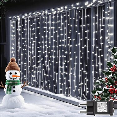 Лампочки-завіса для декору інтер'єру та екстер'єру 300 LED, 3x3м, різдвяне освітлення, 8 режимів, таймер, вологостійка, для вікна, стіни, вечірки, шлюбу, холодний білий