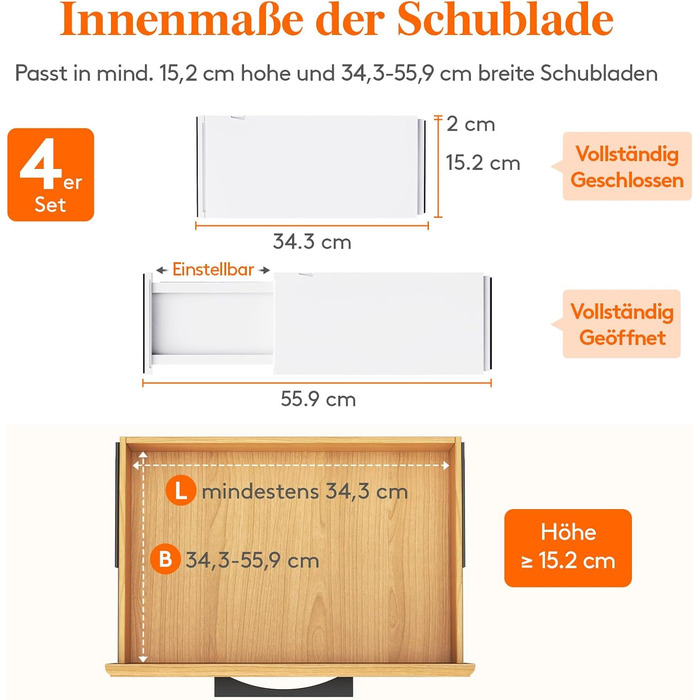 Lifewit Drawer Dividers Set, Plastic, for Internal Length 27–40cm & Height >10.5cm Drawers, Adjustable Organizer System for Closet/Bedroom/Dresser/Kitchen/Office, White (4, for Internal Length 34–50cm & Height ≥15.5cm)