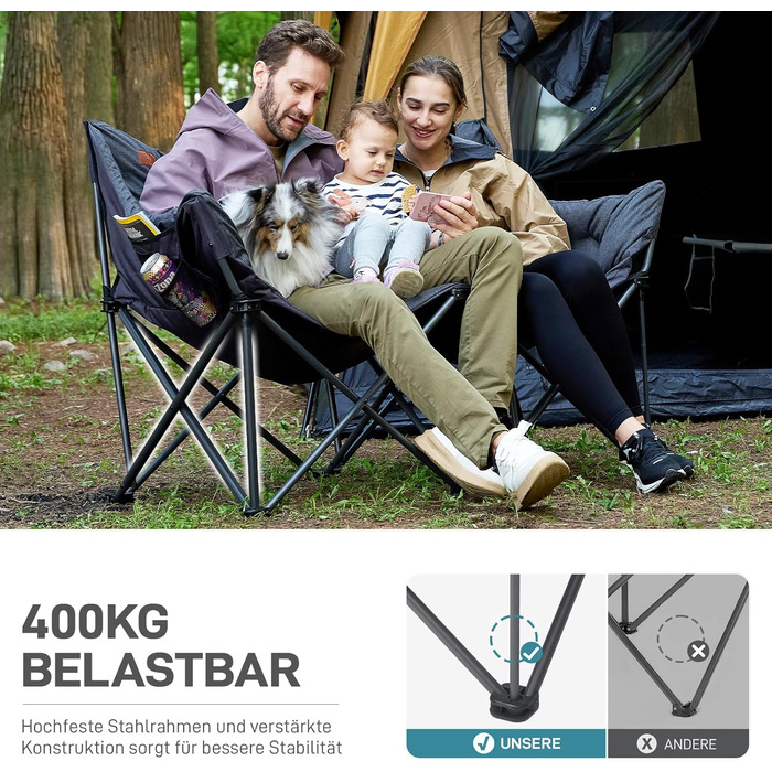Кампінговий стілець-диван EVER ADVANCED для двох осіб, 145 см, чорний, до 400 кг, з високою спинкою, для саду, балкону, кемпінгу