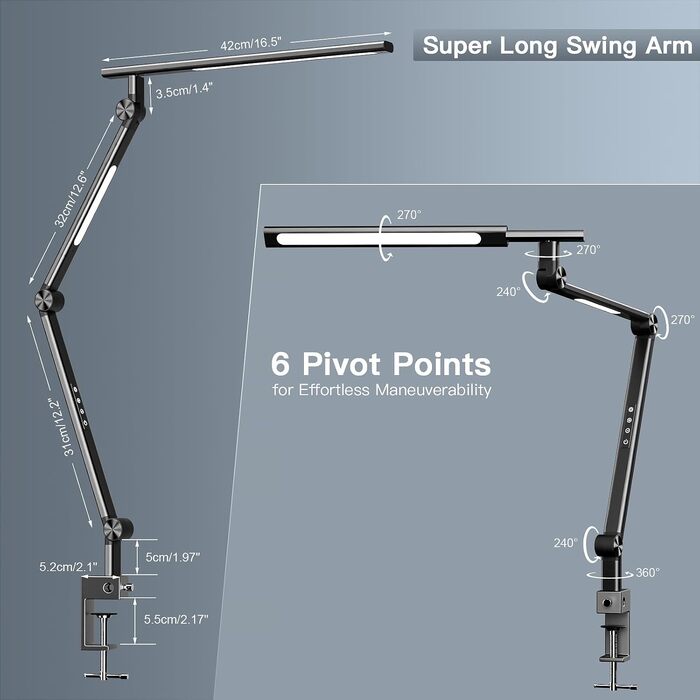 VERSKI LED Desk Lamp with Adjustable Brightness & Color Temperature - 18W Dual Light Source, Clamp-On, Eye Protection, Daylight Lamp for Home Office & Study