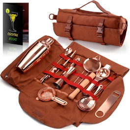 Travel Bartender Kit Bag, 17-Piece Bar Tool Set, Professional Cocktail Bar Set, Portable Waxed Canvas Bar Kit Bag with Shoulder Strap for Bartenders, Parties, Camping Trips