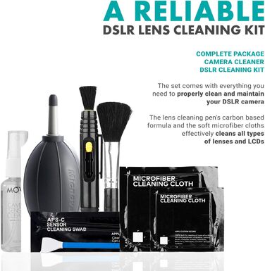 Набір для чищення DSLR камери Movo з 10 щітками для сенсора APS-C, рідина для чищення сенсора, повітряний пилосос Rocket, олівець для лінз, м'яка щітка, 2 мікрофібрових тканинок малого та 2 великого розміру, та сумка для зберігання