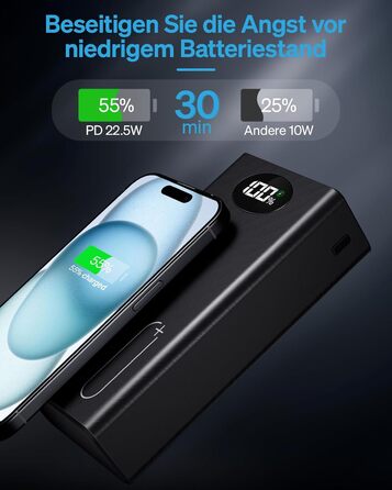 Портативний повербанк 50000 мАг з 5 виходами та 2 входами, швидка зарядка 22,5 Вт, ліхтарик, чорний