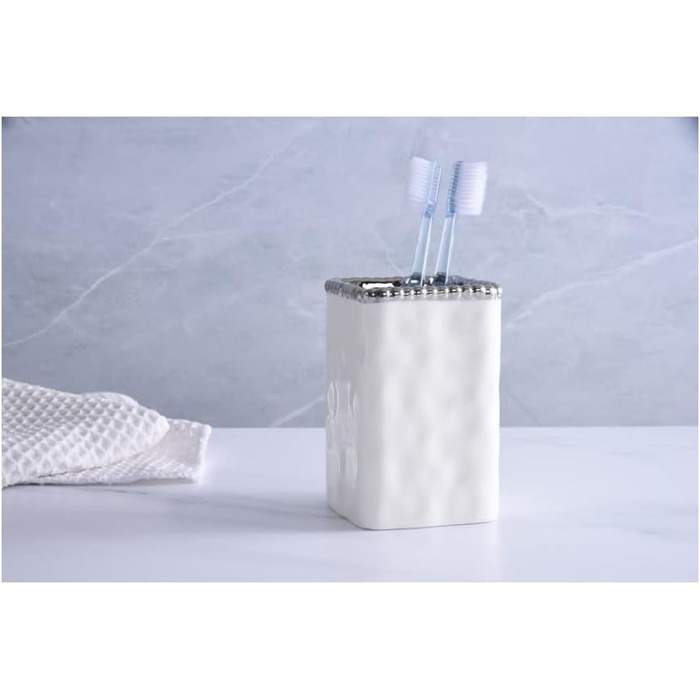 Pampa Bay VAN2718W Toothbrush Holder with Silver Pearls, 11.4 cm Height, Porcelain
