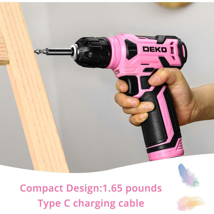 Акумуляторний шуруповерт-дрель DEKOPRO 8V 42шт з аксесуарами: ударний, LED, для дому, рожевий