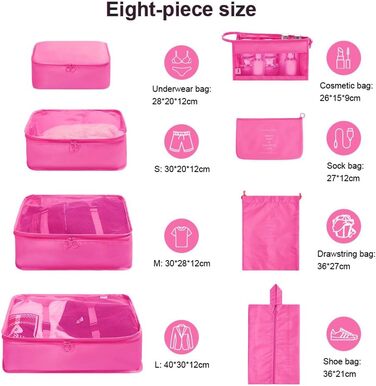 Органайзер для валізи OSDUE 8 шт., Набір кубиків для пакування, Водонепроникні сумки для одягу в подорожі, Органайзери для валізи, Кубики для пакування з косметичкою, мішком для взуття, сумкою для USB-кабелів (Бежевий) (Тип A-rose Red 8pcs)