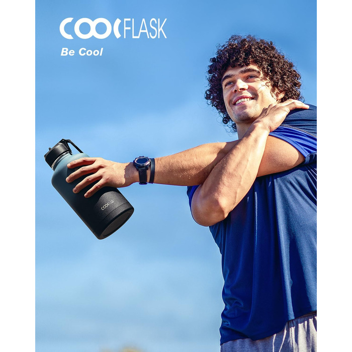 Термопляшка Coolflask 2л з соломинкою та 3 кришками, нержавіюча сталь, для спорту та офісу, Indigo Schwarz