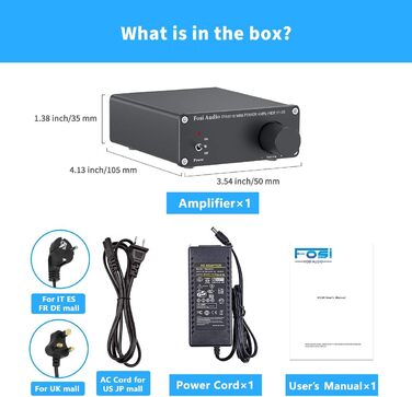 Fosi Audio V1.0B стерео підсилювач 2x50 Вт, 2-канальний міні Hi-Fi класу D, інтегрований TPA3116, з блоком живлення 19 В 4,74 А для динаміків