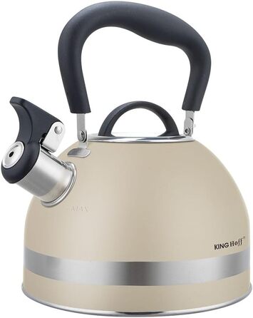 Чайник Kinghoff 1.8L з нержавіючої сталі з свистком, для індукційних плит, компактний, з відкидним ручками, чайник для плити, матовий (Бежевий)