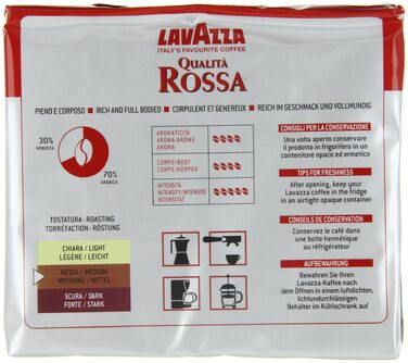 Мелена кава Lavazza Qualità Rossa Classico, для гейзерної кав'ярки та фільтр-кави, інтенсивність 7/10, темне обсмажування, 10 упаковок по 250 г