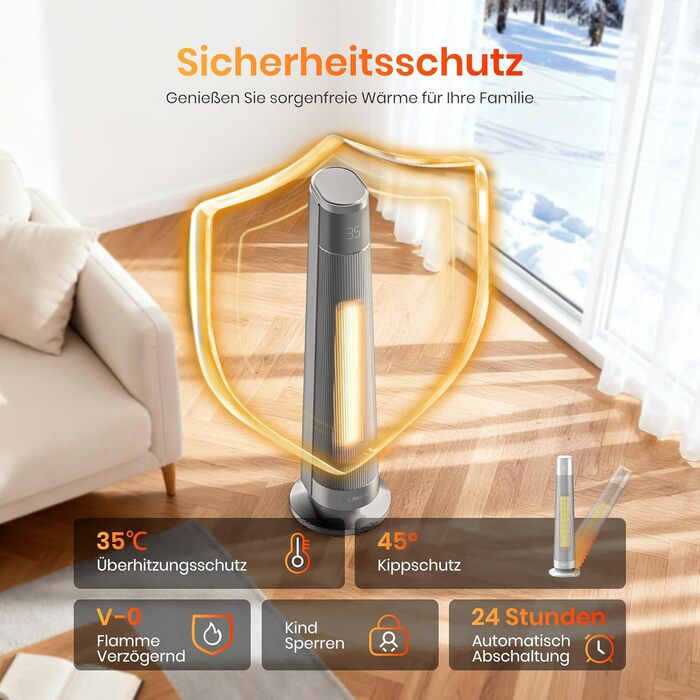 Електричний обігрівач PTC 2000W з термостатом та дистанційним керуванням, тихий, з осциляцією 70°, таймером 12h, захистом від перегріву та нахилу, чорний, 1 шт. (74 см, сріблястий)