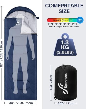 Сплячий мішок 3-4 сезони - ковдровий спальний мішок Легкий для кемпінгу, Outdoor. Ідеальний для дорослих та дітей 220x75см, темно-синій