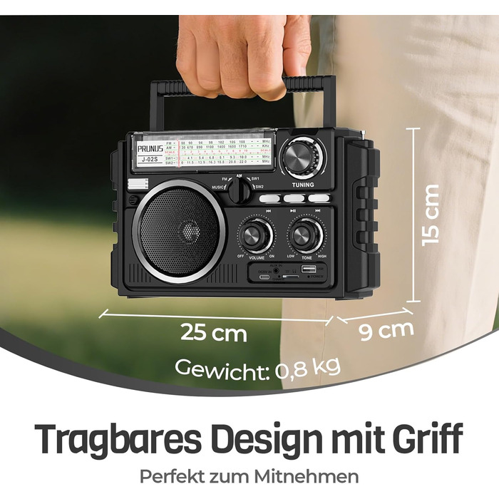 Портативне радіо PRUNUS J-02 AM/FM/SW: сонячне радіо з акумулятором 1800mAh, Bluetooth 6.0, TF-карта, USB, 2 антени