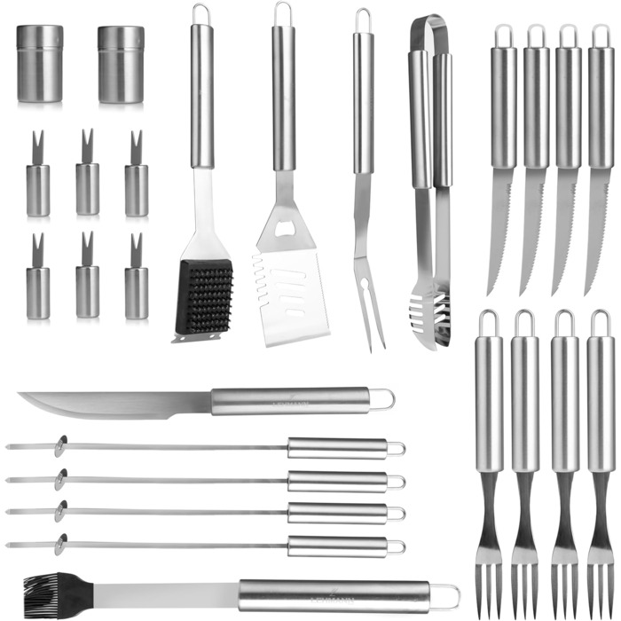 Набір гриль-посуду Lehmann LGAGA-YAN006 у металевому кейсі, 26 предметів, нержавіюча сталь, аксесуари для барбекю, преміум-якість, подарунок для чоловіків