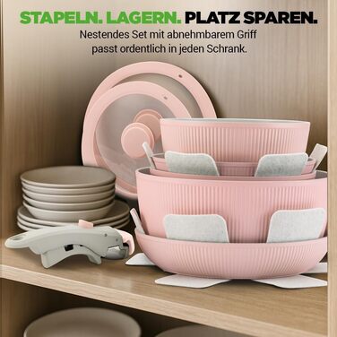 Набір посуду NutriChef 18 предметів керамічний рожевий з знімними ручками, для індукційних плит, антипригарний, компактний, для духовки, універсальний