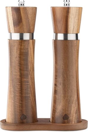 Navaris Salt and Pepper Grinder Set - Spice Grinder Dispenser for Spices - Salt and Pepper Shakers made of Wood - with Tray - for Grinding - Refillable