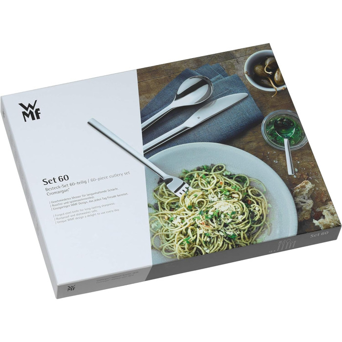 WMF Boston Cutlery Set, 12 Place Settings, 60-Piece Dinner Set, Monobloc Knives, Polished Cromargan Stainless Steel, Shiny, Dishwasher-Safe Single