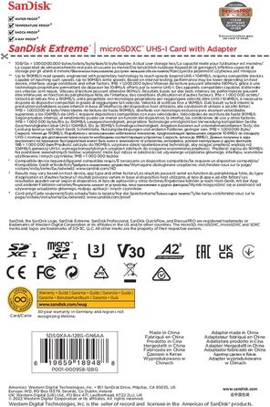 Карта пам'яті SanDisk 128GB Extreme microSDXC UHS-I з адаптером, швидкість читання до 190 МБ/с