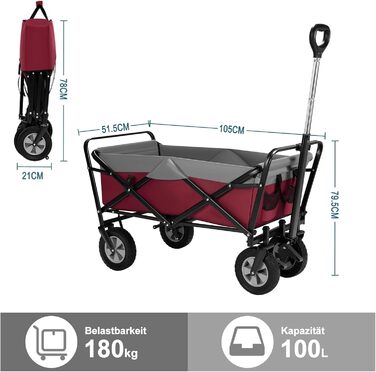 Візок-теліжка EUGAD Bollerwagen 100л Fuchsia + Grau, складаний, для саду, кемпінгу, пляжу, вантажопідйомність 180 кг