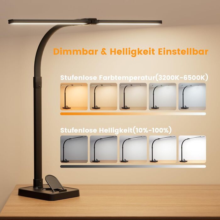 APMIEK LED Настільна лампа для офісу та дому, 24W, 76 см, з регульованим кутом нахилу, 3200K-6500K, захист для очей, чорна з підставкою