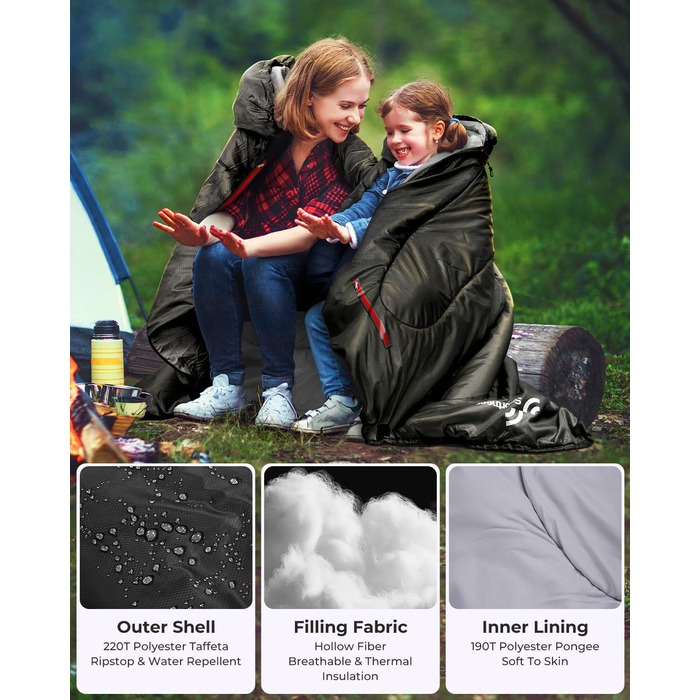 Сплячий мішок Sportneer Outdoor - ковдровий спальний мішок 3-4 сезони для дорослих, теплий, для кемпінгу, подорожей та активного відпочинку, 220x85 см, чорний