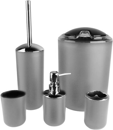 Комплект аксесуарів для ванної кімнати на 6 предметів: дозатор для мила, мильниця, тримач для зубних щіток, стакан для ополіскування, тримач для унітазу, сміттєвий бак (сірий)
