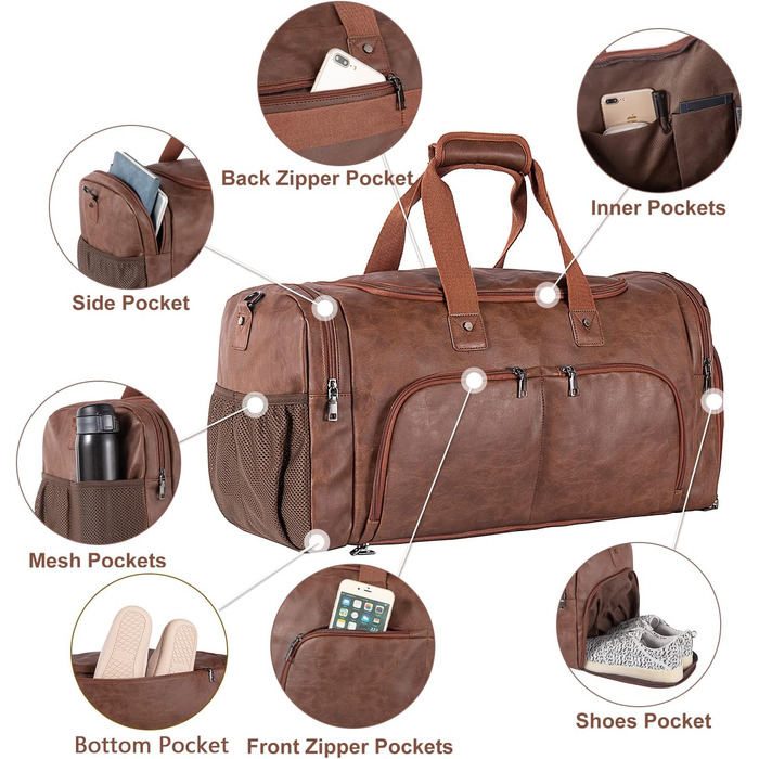 Duffle bag with shoe bag, overnight bag, leather oversized weekend bag, large carry-on bag, duffel bag for women and men ([H]brown)