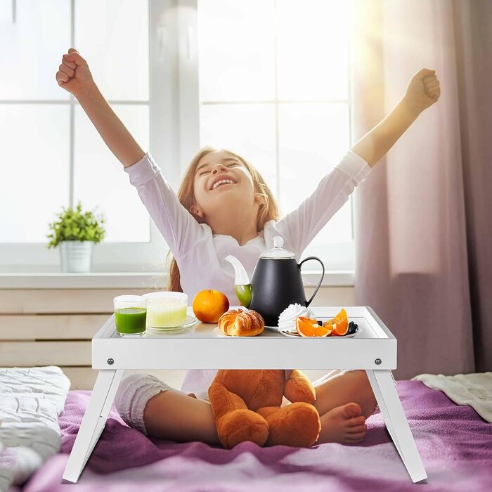 Набір з 2 столів для сніданку в ліжку з бамбука: піднос для їжі, ноутбука, сервірування (білий)