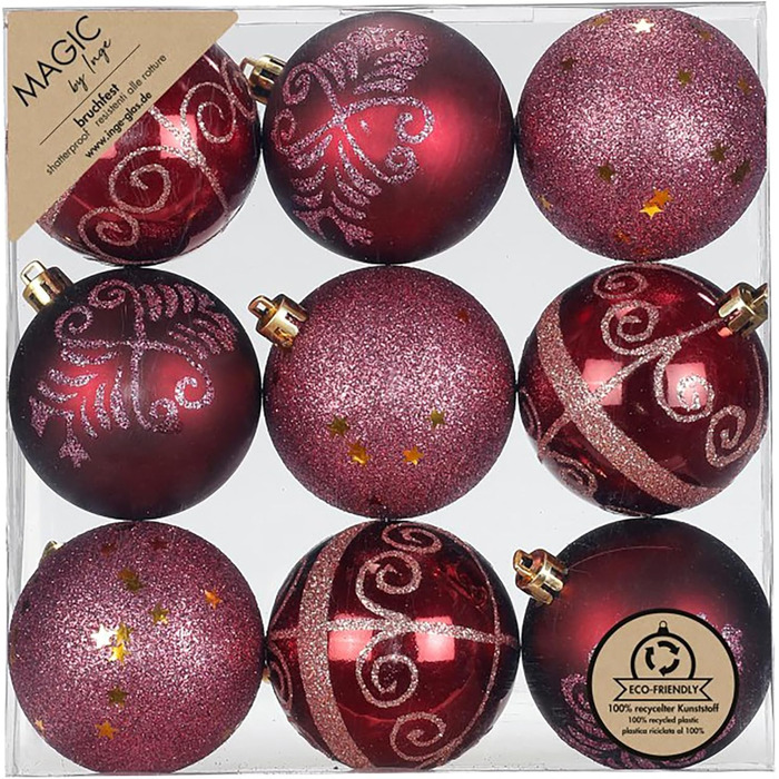 Набір ялинкових прикрас Inge-glas, 9 шт., 6 см, пластик, бордовий, з блискітками, міцні