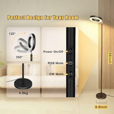 LED торшер, 42W, 16 мільйонів кольорів RGBCW, WiFi, Smart, двосторонній, для вітальні, сумісний з Alexa/Google Home, синхронізація з музикою, регульована яскравість, торшер для читання в спальню, RGB-42W