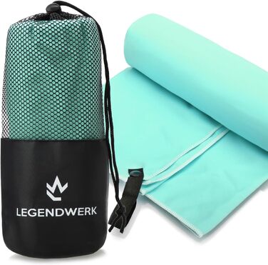 Рушник з мікрофібри Legendwerk® 160x80 см – швидковисихаючий, компактний, для подорожей, фітнесу, міста та відпочинку на природі – легкий, стильний, з сумкою та петлею для підвішування, 1 шт. (Турквіс)