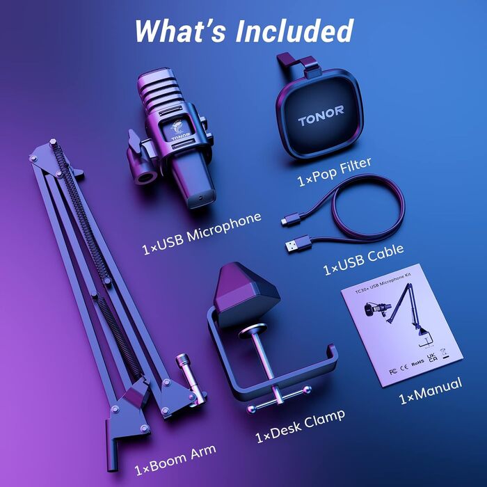 TONOR TC30 RGB мікрофон конденсаторний з підставкою, поп-фільтром та мікрофонною павутиною для стрімінгу, подкастингу, запису голосу, Twitch, сумісний з ноутбуком та ПК