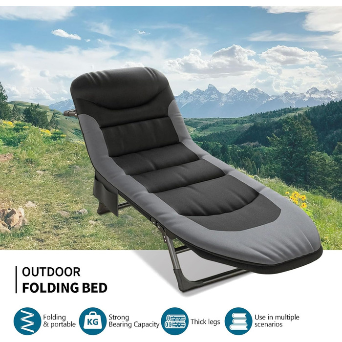 Розкладне ліжко для кемпінгу XXL - широке кемпінгове ліжко, розкладне, легке, з регульованою спинкою, для відпочинку на природі та вдома