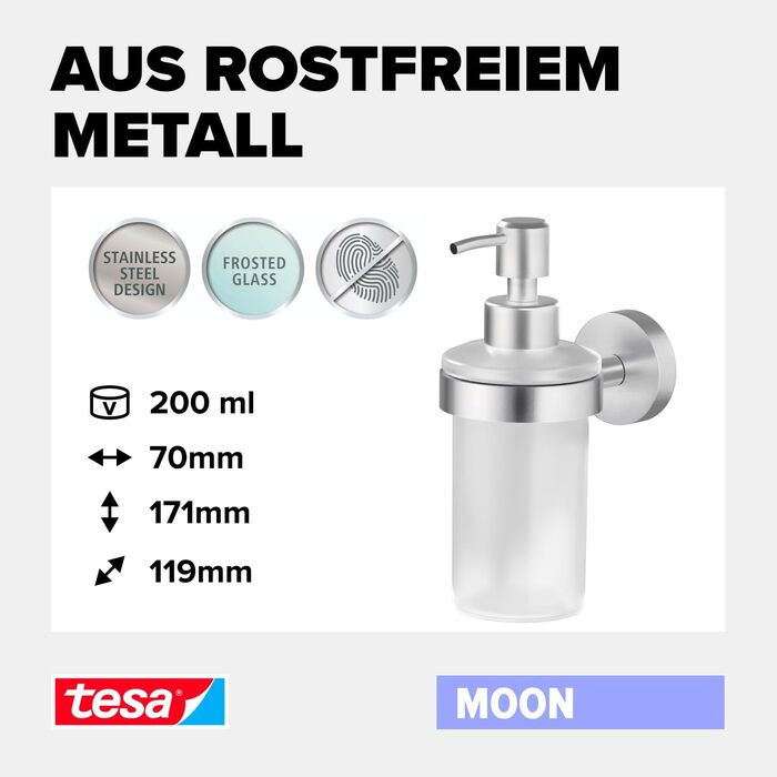 tesa Moon Soap Dispenser Set, satinized glass and chrome-plated stainless steel - Wall-mounted liquid soap dispenser without drilling, incl. adhesive solution - 109 mm x 70 mm x 156 mm