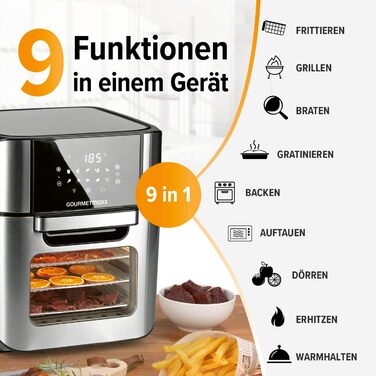 Gourmetmaxx Digital Hot Air Fryer 12 L, XXL Stainless Steel Oven | Air Fryer + Timer, Touch Display, Rotisserie | Low-Fat, Energy-Saving Frying | 10 Programs including Pizza | 1800 W