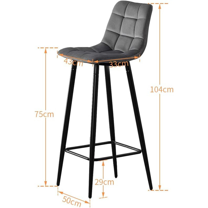 Velvet Bar Stools Set of 2 with Backrest - 66cm Counter Height - Grey