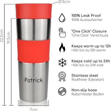 Термокружка Milu 450 мл - ізольована чашка для кави з нержавіючої сталі, 100% захист від протікання, автотермос, термокружка для подорожей (з гравіюванням, червона)