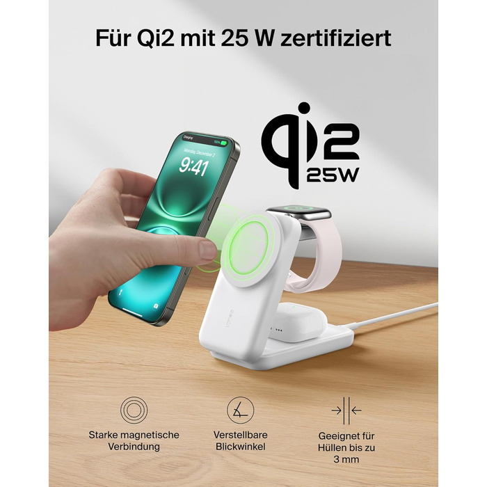 Зарядна станція Belkin UltraCharge 3 в 1 з Qi2.2, 25W, сумісна з MagSafe, для iPhone, Apple Watch, AirPods, Pixel, з адаптером 45W