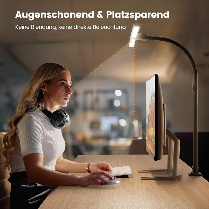 APMIEK LED лампа для столу з LED, 24W, 76 см, кріплення, для home office, 3200K-6500K, регульована, для офісу, захист очей, для робочого місця, монітора, ПК (чорна)