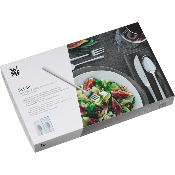 WMF Boston Stainless Steel Cutlery Set, 6 Place Setting, 30-Piece Dinner Set, Monoblock Knives, Polished Cromargan Stainless Steel, Dishwasher Safe Table Cutlery Single