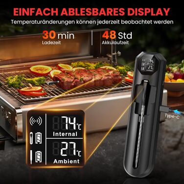 Бездротовий термометр для м'яса з двома датчиками, цифровий термометр для приготування страв з підключенням через додаток, Bluetooth, 150м, для гриля, кухні, барбекю, духовки, коптильні, ротатерії, фритюрниці, подарунок, чорний