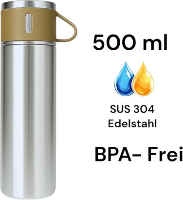 Термос 500 мл з нержавіючої сталі – 2 чашки з ручками – без витоку, BPA-free – з щіткою для чищення – колір: сріблястий