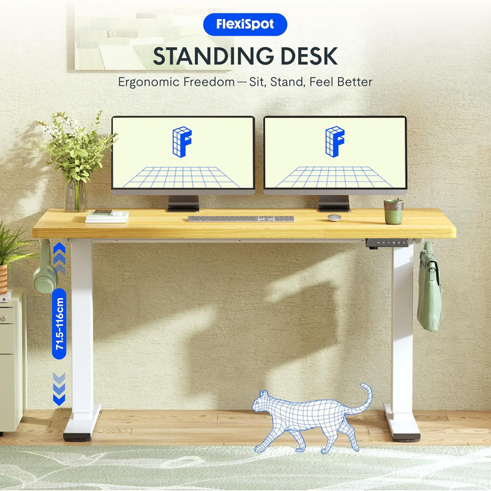 Регульований за висотою стіл FLEXISPOT 160x80 см з гачками, 25 мм стільниця, LED-дисплей та функція пам'яті (Акорн, Білий)