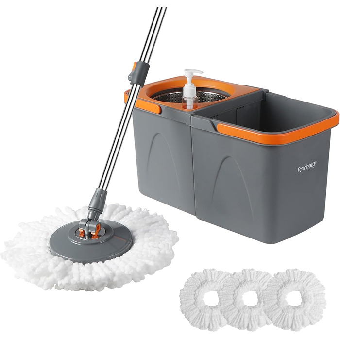 Набір для миття підлоги Rainberg Spin Mop з відром: 3 змінні насадки, висувний 130 см, мікрофібра, самовіджимання, сірий та помаранчевий
