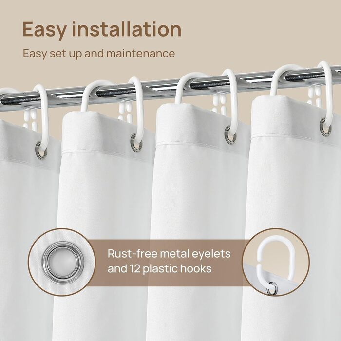 Штора для душу 180x180 см льон, біла - водонепроникна, з обтяженим краєм, з кільцями (12 шт.) для ванної кімнати