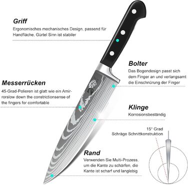 Набір кухонних ножів Dfito, 8 предметів: професійний набір з нержавіючої сталі з високовуглецевої сталі, гострі ножі для кухаря, чорна ручка