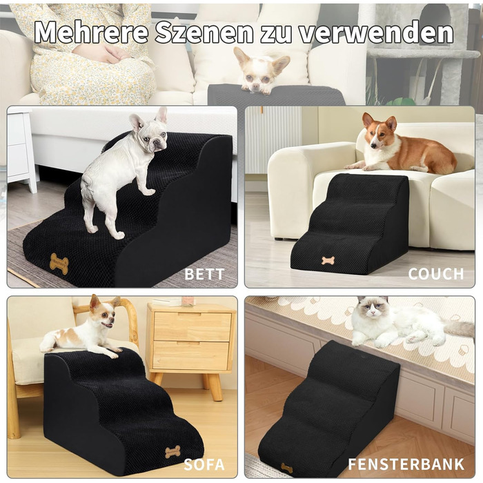 Non-slip Dog Stairs for Small Dogs 2-Step, Pet Stairs for Bed and Sofa made of High-Density Sponge, Dog Stairs Dog Ramp with Removable, Washable Cover and Non-Slip Bottom, 55x40x30cm (3 Steps Black Dog Stairs)