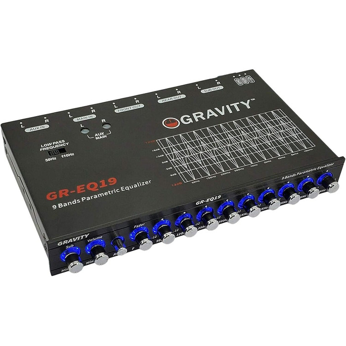 Автомобільний еквалайзер Gravity EQ19 1/2 DIN, 9-смуговий, 9V, 3 RCA виходи, AUX/DVD, передній/задній/сабвуфер
